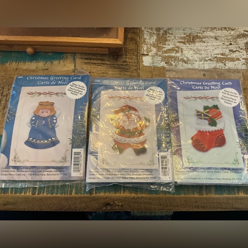 Set of 3 Christmas Card Craft Sets with Angel, Santa, and Stocking kits.